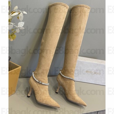 Jimmy Choo Heel 8.5cm Suede High Boots Beige With Crystal Strap 2022
