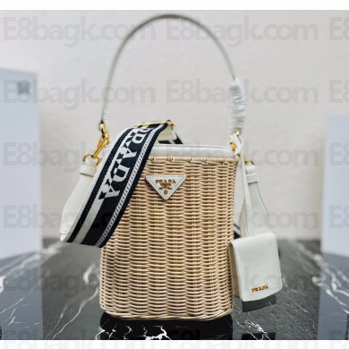 Prada Wicker and canvas bucket bag 1BE062 White 2022
