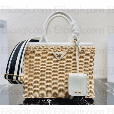 Prada Wicker and canvas tote bag 1BG835 White 2022