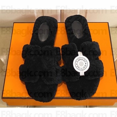 Hermes Woolskin with iconic "H" Oran Sandals Black