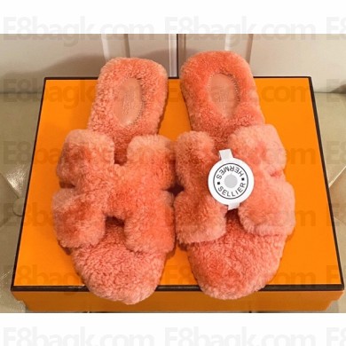 Hermes Woolskin with iconic "H" Oran Sandals Lobster Pink