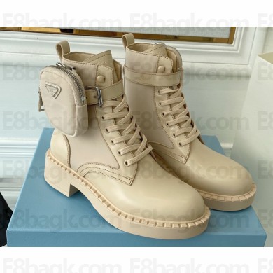 Prada Brushed leather and Re-Nylon lace-up Ankle boots with Removable pouch Beige