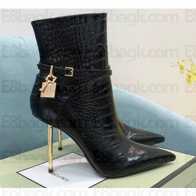 Tom Ford Heel 10.5cm LEATHER PADLOCK ANKLE boots SHINY STAMPED CROCODILE Black 2022