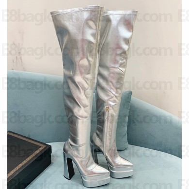 Versace Heel 15cm Platform 5.5cm Leather Knee-high boots Silver 2022