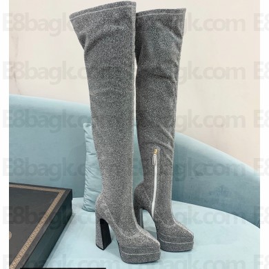 Versace Heel 15cm Platform 5.5cm Leather Knee-high boots Glitter Silver 2022