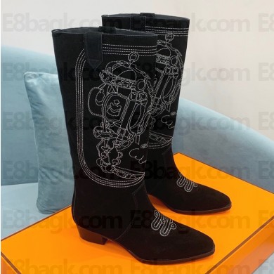Hermes Folk 35 boots with embroidered details Calfskin Suede Black 2022
