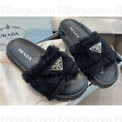 Prada triangle logo Shearling slides 1XX592 Black 2022