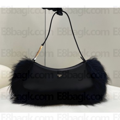 Fendi O’Lock Swing leather and fox fur Pouch Bag Black
