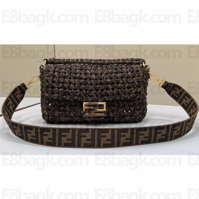Fendi Medium Baguette bag with Woven crocheted FF Jacquard Fabric in Brown