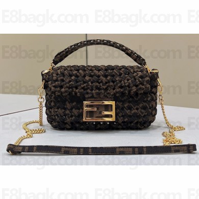 Fendi Mini Baguette bag with Woven crocheted FF Jacquard Fabric in Brown
