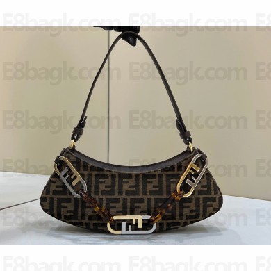 Fendi O’Lock Swing leather Pouch Bag FF tapestry fabric Brown