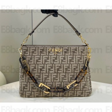 Fendi O’Lock Zipper Shoulder Bag FF tapestry fabric Beige