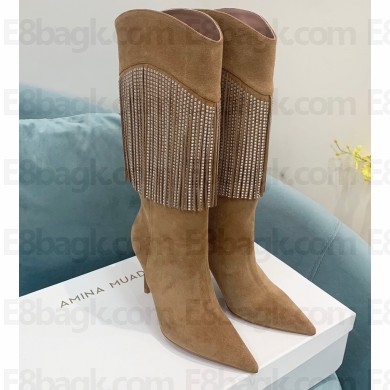 Amina Muaddi Heel 9.5cm Lily crystal Fringe Suede boots Brown 2022