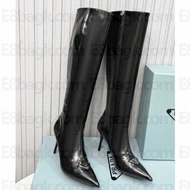 Prada Heel 8.5cm leather iconic triangle logo knee-high Boots Brushed Black