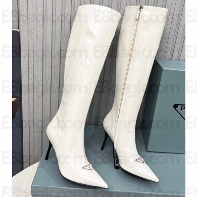 Prada Heel 8.5cm leather iconic triangle logo knee-high Boots Brushed White