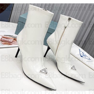 Prada Heel 8.5cm leather iconic triangle logo ankle Boots Brushed White