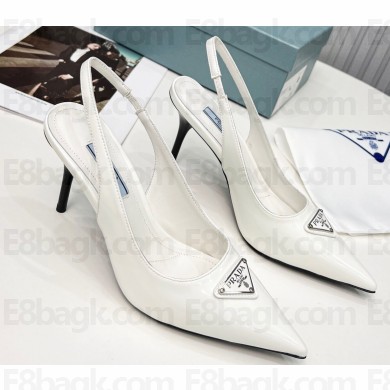 Prada Heel 8.5cm leather iconic triangle logo slingback pumps Brushed White
