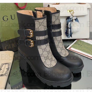 Gucci Heel 9cm Platform 2cm GG ankle boots with buckles 701100 Black/Beige 2022