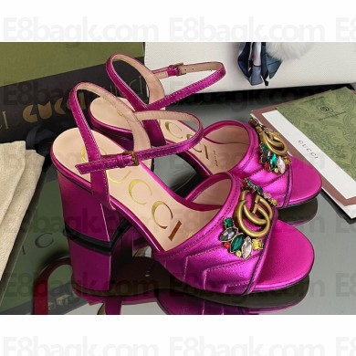 Gucci Heel 7.5cm Sandals with Crystals and Double G Metallic Fuchsia 2022