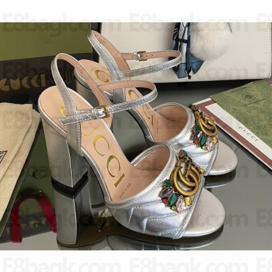 Gucci Heel 10.5cm Sandals with Crystals and Double G Metallic Silver 2022