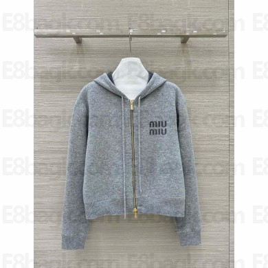 MIU MIU GREY Double cashmere zipper hoodie cardigan MMF901 2025