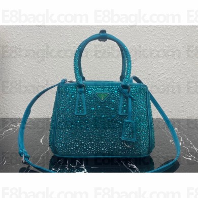 Prada Galleria satin Small bag with crystals 1BA896 Turquoise Blue