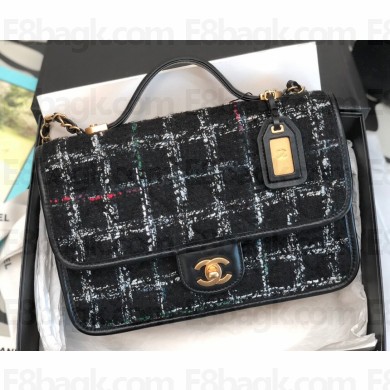Chanel Small Flap Bag with Top Handle AS3653 Wool Tweed Check Black 2022