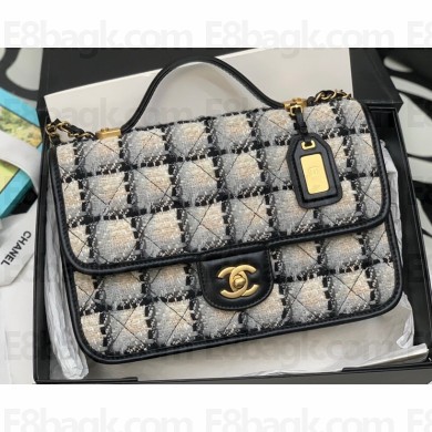 Chanel Small Flap Bag with Top Handle AS3653 Wool Tweed Black/White 2022