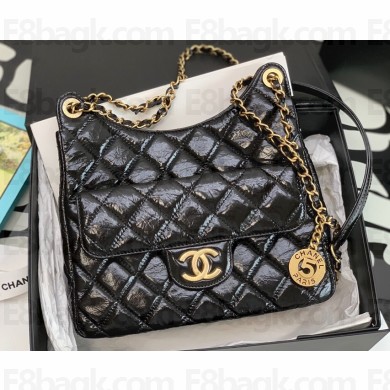 Chanel Shiny Crumpled Calfskin Hobo Handbag AS3690 Black 2022