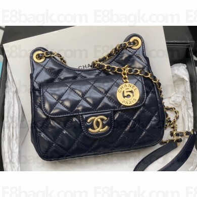 Chanel Shiny Crumpled Calfskin Small Hobo Bag AS3710 Navy Blue 2022