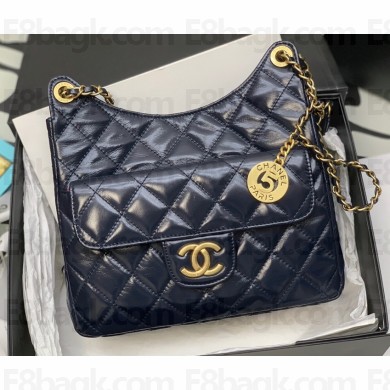 Chanel Shiny Crumpled Calfskin Hobo Handbag AS3690 Navy Blue 2022