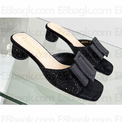 Dior Idylle Heel 3.5cm Slides in Grosgrain and Black Cotton Embroidered with Strass 2023