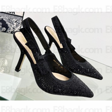 Dior Heel 9.5cm J'Adior Slingback Pumps in Black Cotton Embroidered with Strass 2023
