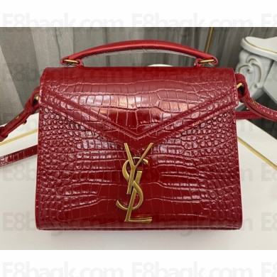 Saint Laurent cassandra mini top handle bag in crocodile-embossed shiny leather 623930 Red