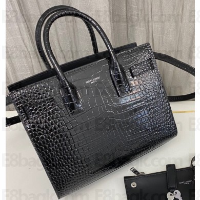 Saint Laurent Sac De Jour Baby Bag in embossed crocodile shiny leather 421863 Black