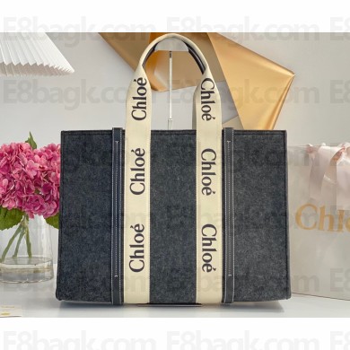 Chloe Large Woody tote bag in recycled polyester felt and shiny calfskin with Woody ribbon 02