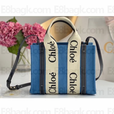 Chloe Small Woody tote bag in linen canvas and shiny calfskin with Woody ribbon and Strap 12