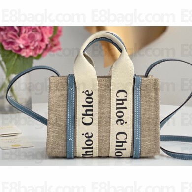 Chloe Mini Woody tote bag in linen canvas and shiny calfskin with Woody ribbon and Strap 01