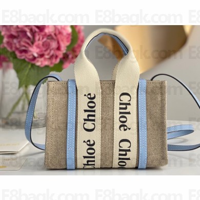 Chloe Mini Woody tote bag in linen canvas and shiny calfskin with Woody ribbon and Strap 06