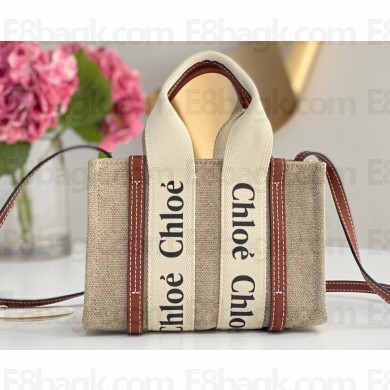 Chloe Mini Woody tote bag in linen canvas and shiny calfskin with Woody ribbon and Strap 07