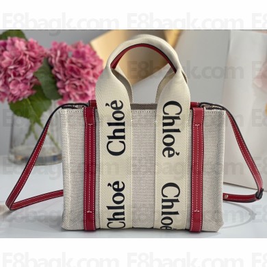 Chloe Small Woody tote bag in linen canvas and shiny calfskin with Woody ribbon and Strap 09