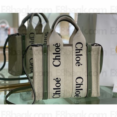 Chloe Small Woody tote bag in linen canvas and shiny calfskin with Woody ribbon and Strap 01