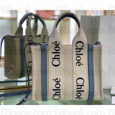 Chloe Small Woody tote bag in linen canvas and shiny calfskin with Woody ribbon and Strap 06