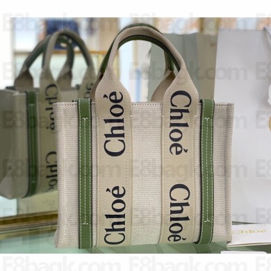 Chloe Small Woody tote bag in linen canvas and shiny calfskin with Woody ribbon 06