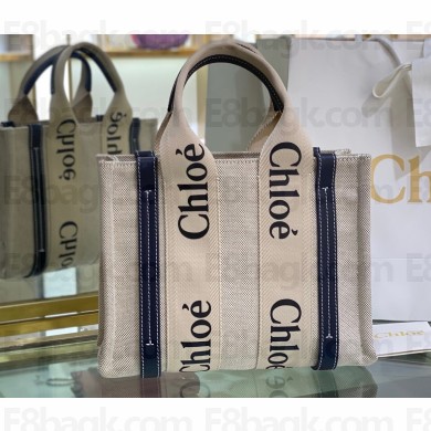 Chloe Small Woody tote bag in linen canvas and shiny calfskin with Woody ribbon 05