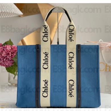 Chloe Large Woody tote bag in linen canvas and shiny calfskin with Woody ribbon 09