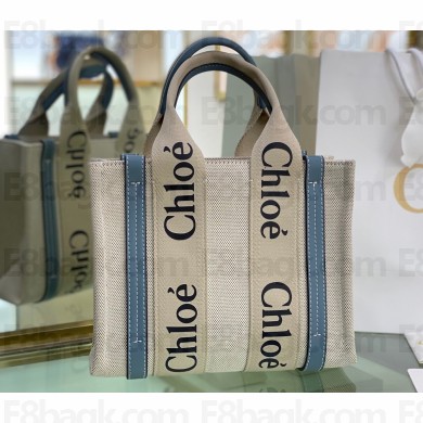 Chloe Small Woody tote bag in linen canvas and shiny calfskin with Woody ribbon 02