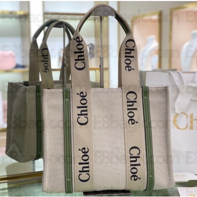 Chloe Medium Woody tote bag in linen canvas and shiny calfskin with Woody ribbon 04