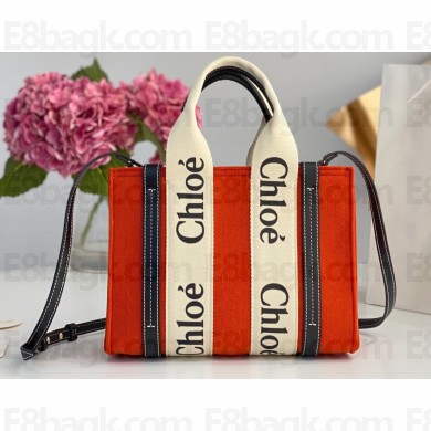 Chloe Small Woody tote bag in linen canvas and shiny calfskin with Woody ribbon and Strap 11