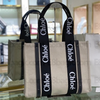 Chloe Medium Woody tote bag in linen canvas and shiny calfskin with Woody ribbon 01